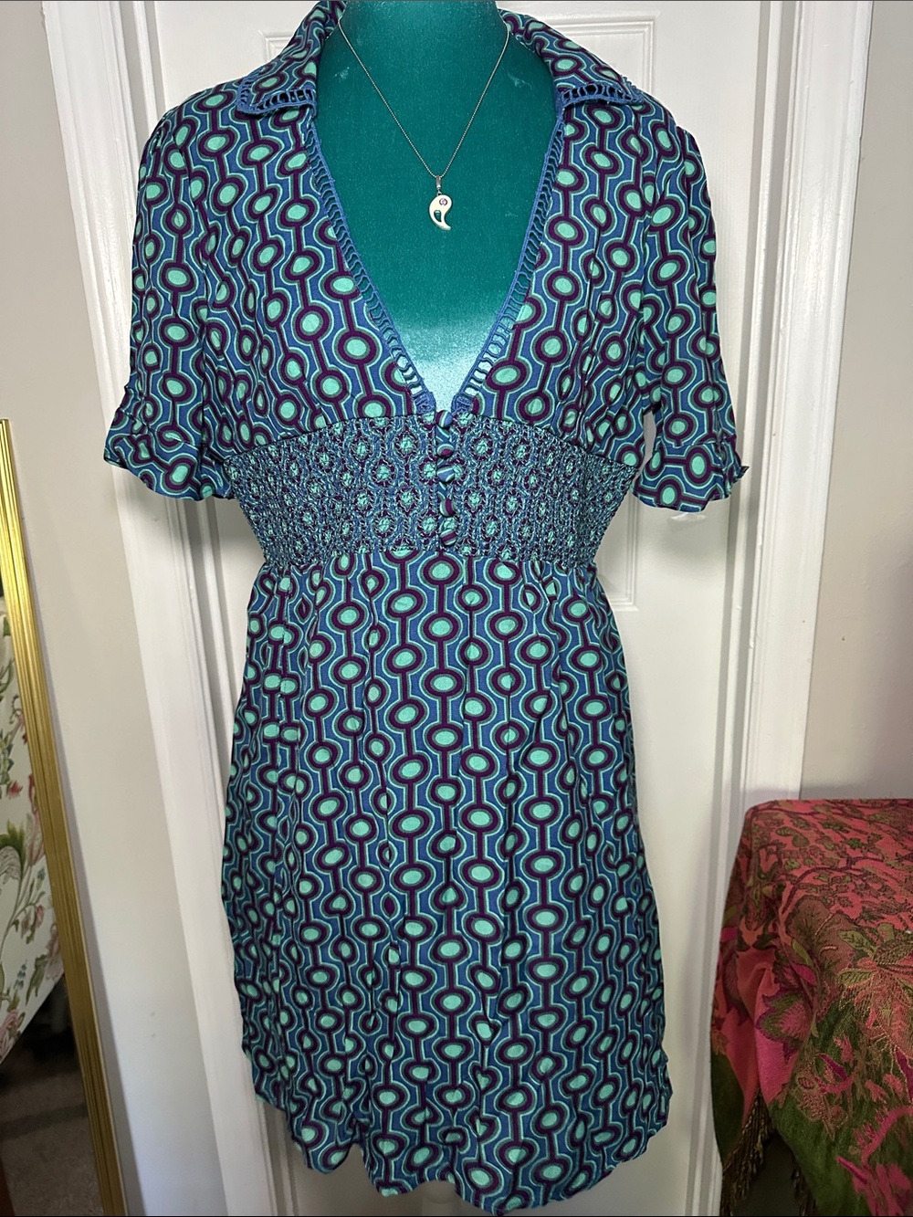 Urban Outfitters Blue & Teal Geometric Smocked retro Dress